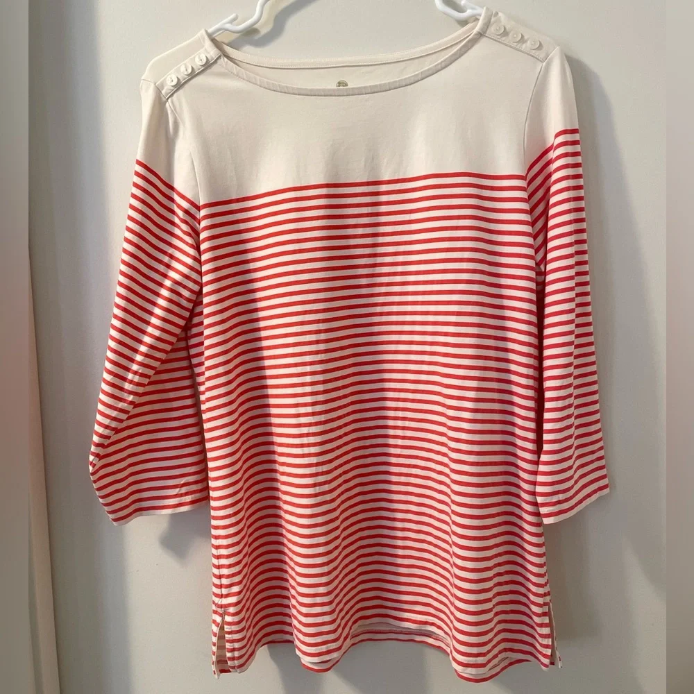 Spartina 449 Vibrant Red Ivory Striped Boatneck 1/2 sleeve Top Size L